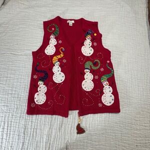 Vintage M Kim Rogers Ugly Christmas Sweater Cardigan Full Zip Vest Red Snowmen